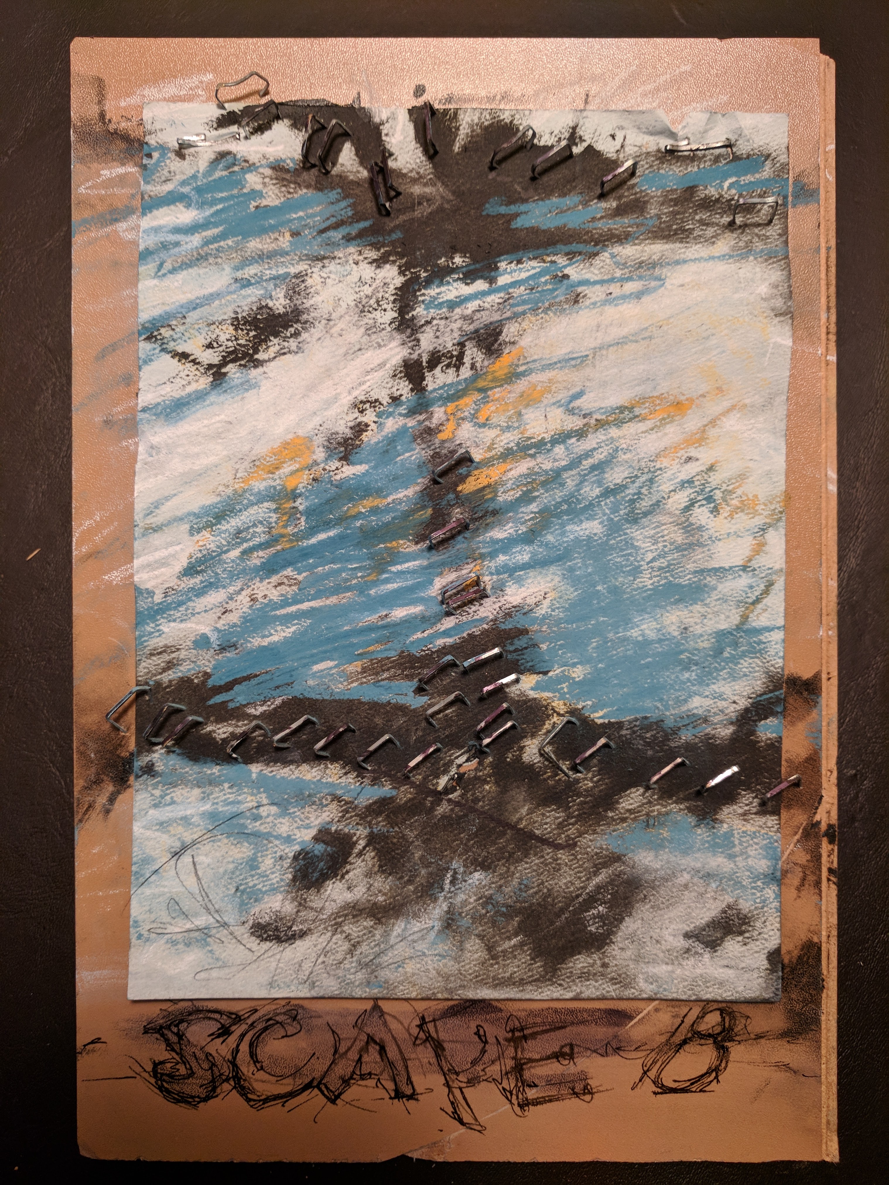 Oil Stick on paper on panel with staples